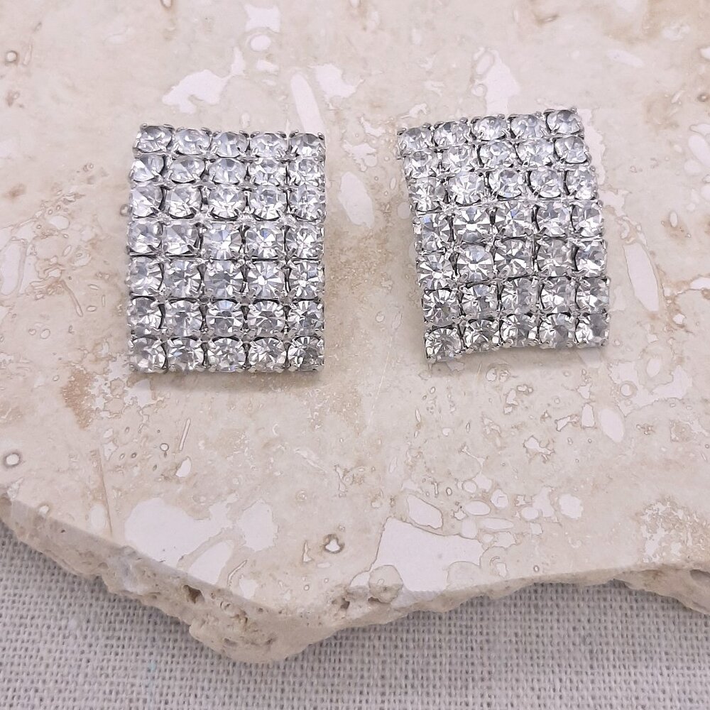 Clear Rhinestone Rectangle Bling Silver Tone Earr… - image 1